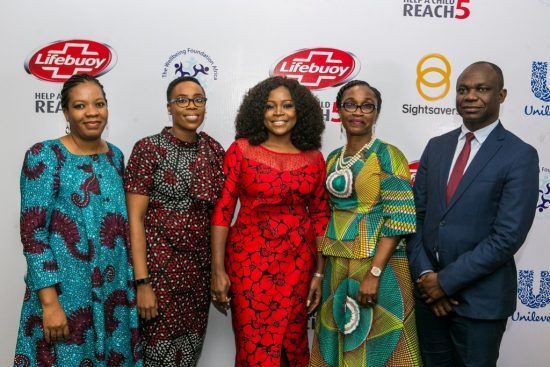 L-R: Mrs. Amy Oyekunle, CEO, Wellbeing Foundation Africa; Osato Evbuomwan, Category Manager, Skin Cleansing, UNILEVER Nigeria Plc; Omawumi Magbele, Brand Ambassador, Lifebuoy; Soromidayo George, Director, Corporate Affairs, UNILEVER Nigeria plc; and Dr. Sunday Isiyaku, Country Director, Sightsavers at the relaunch of lifebuoy anti-bacterial soap in Lagos.