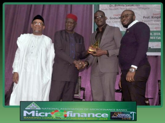 L-R: Mr Rogers Nwoke, National President, National Association of Microfinance Banks (NAMB); Professor Chidi Osuagwu, NAMB’s BOT Member representing South-East and representative of the Chairman of Alvana MFB; Mr Emeka Emetarom, Executive Director of AppZone Group and Mr Patrick Irebo, Regional Manager (North) AppZone Group, during the 8th Annual General Meeting and Microfinance Conference/Award Night held in Abuja recently.