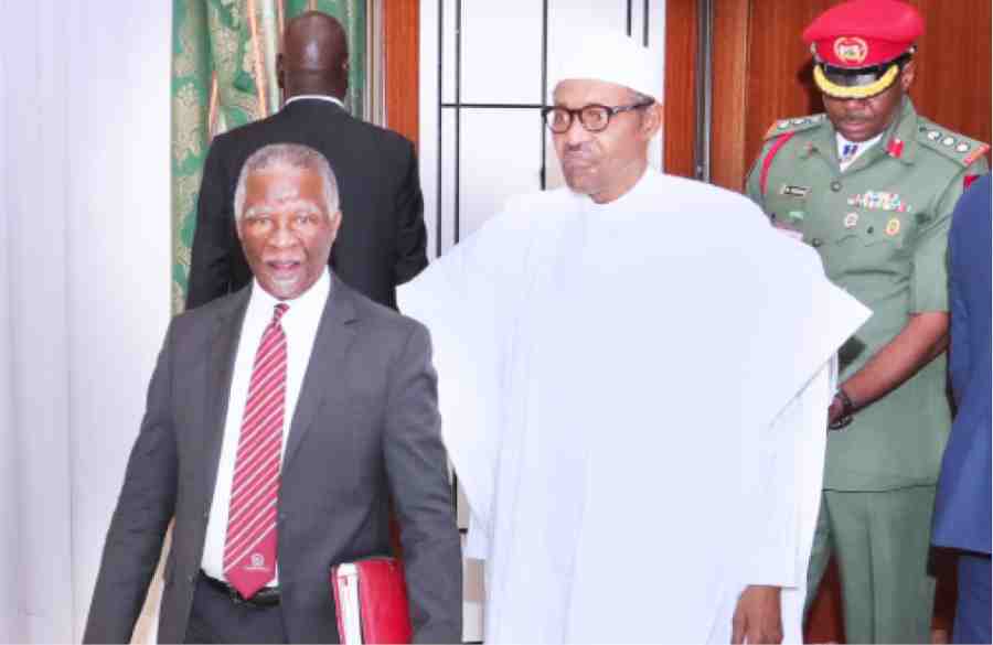 Former President of South Africa, Mr Thabo Mbeki (left) with President Muhammadu Buhari at the State House in Abuja yesterday.
