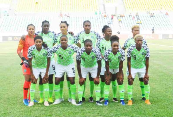 Line-up of the Super Falcons before their opening match of group B against the Bayana Bayana of South Africa. The Falcons face Zambia today in their second group match.