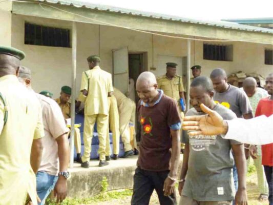 Some suspected armed robbers that attacked banks at Offa in Kwara State, during their appearance at the Kwara State High Court in Ilorin yesterday