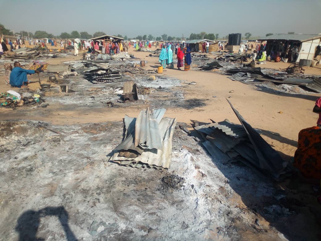 Part of Dalori IDP camp that was burnt on Wednesday night by insurgents. Photo by Olatunji Omirin.