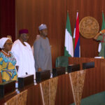 From right: President Muhammadu Buhari; Secretary to the Government of the Federation, Mr. Boss Mustapha; Chief of Staff, Mallam Abba Kyari; Head of Civil Service of the Federation, Mrs Winifred Oyo-Ita and National Security Adviser, Major General Babagana Monguno during the Federal Executive Council meeting held at the Presidential Villa Abuja on Wednesday. PHOTO BY: Felix Onigbinde.