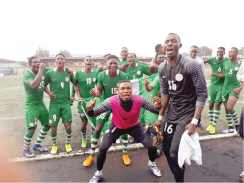 Flying Eagles players celebrate after they qualified for the 2019 Africa U-20 Cup of Nations in Niger Republic.