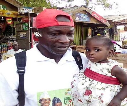 Buhari’s diehard supporter, Sani Ahmed, with his daughter on his arrival in Birnin Kebbi, from Abuja.