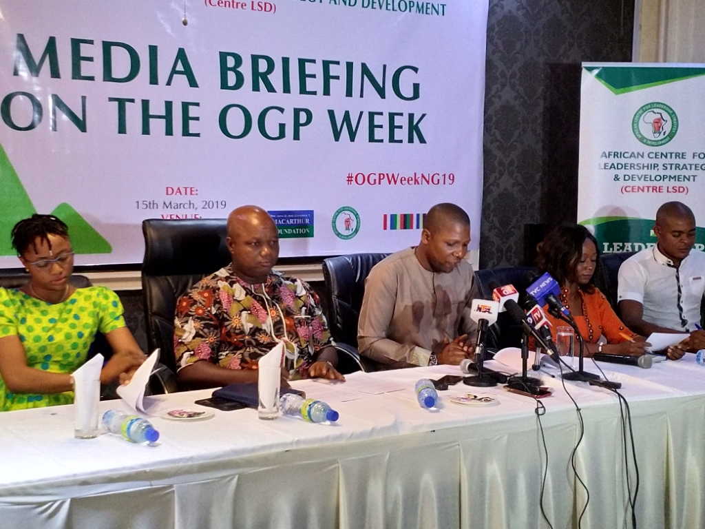 The National Coordinator of Open Government Partnership (OGP) Ms. Ayomide Fatoye; Acting Executive Director, Centre LSD, Mr. Monday Osasah; Programme Coordinator, Centre LSD, Mr. Uchenna Arisukwu; Frances Igwilo, Centre LSD and Media coordinator, Comrade Martins at the OGP Global Week briefing on Friday in Abuja. PHOTO BY: Abbas Jimoh