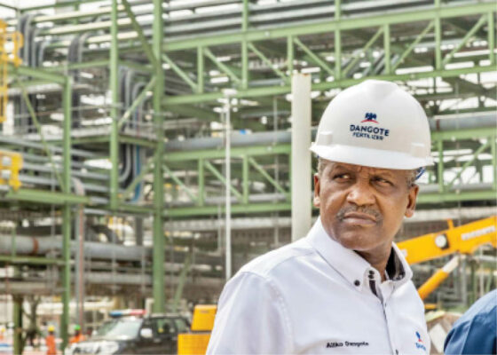 Aliko Dangote during a visit to the fertilizer plant under construction in Lagos State
