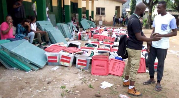 Abandoned election materials meant for distribution to 25 wards in Ikeja local government, Lagos for the ongoing governorship and state house of assembly elections seen at the Local Govt Pry Sch, Ikeja. PHOTOS BY: Nurudeen Oyewole