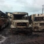 Some vehicles burnt by arsonists who touched the Constituency office of the Ogun State House of Assembly's Deputy Speaker, Olakunle Oluomo in Ifo.