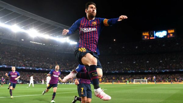 Barcelona's Lionel Messi jubiliates during the quarter final match against Manchester United at the UCL on April 16, 2019. PHOTO CREDITS: Getty Images