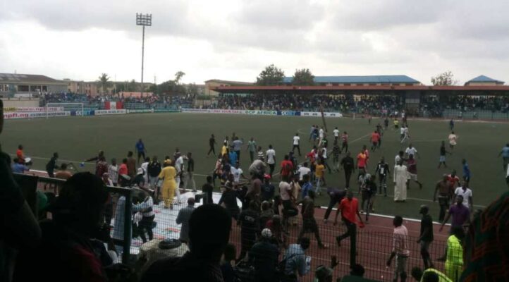 Scene of the attack during the match between Rangers International and Kano Pillars at the Agege Stadium in Lagos on Monday.