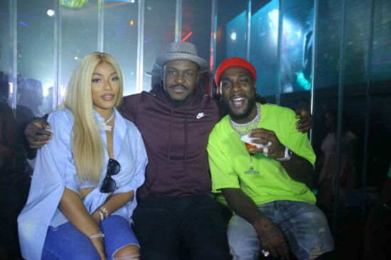 L-R: British Rapper, Stefflon Don, Country Manager, VIMN Africa, Bada Akintunde-Johnson and BET International Act Winner, Burna Boy at the BET Awards Welcome Home Party organised in his honour at Quilox in Lekki, Lagos on Thursday.