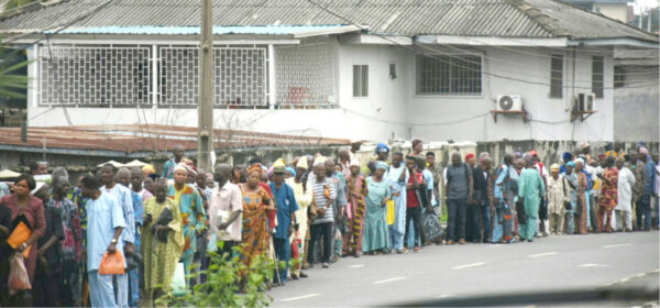Pensioners queue to be verified by officials of the Pensions Transition Arrangement Directorate (PTAD) at the Nigeria Union of Pensioners Secretariat in Ibadan yesterday.