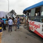 An accident scene involving a truck and commercial bus at Ogolonto in Ikorodu, Lagos yesterday, where one person died and scores sustained injuries Photo: LASEMA