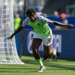Asisat Oshoala (R) vies for the ball with South Korea's defender Kim Hye-ri during the France 2019 Women's World Cup Group A football match between Nigeria and South Korea. She scored the lone goal for Falcons against Algeria yesterday