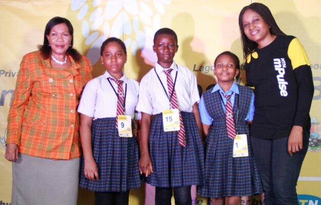 L – R: Director, Apata Memorial High School, Mrs. M. O. Apata; 1st Runner-up, Intra-school phase at the Apata Memorial High School, Ifejiofor Tochukwu; Winner, Intra-school phase at the Apata Memorial High School, Adebayo Precious; 2nd Runner-up, Intra-school phase at the Apata Memorial High School, Olalekan Toyosi and Manager, Event and Sponsorship, MTN Nigeria, Njide Ken-Odowu during 2nd batch of the Intra-school phase of the MTN mPulse sponsored Lagos State Private Schools Spelling Bee Competition at the Apata Memorial High School, Isolo, Lagos, on Thursday, October 10th, 2019.