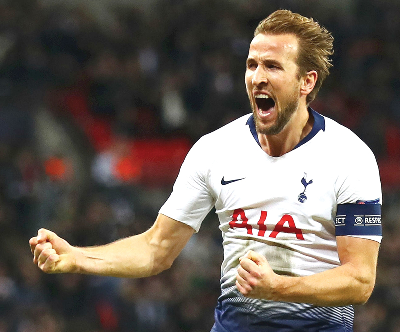 Tottenham Hotspur talismanic striker, Harry Kane celebrates after scoring a goal