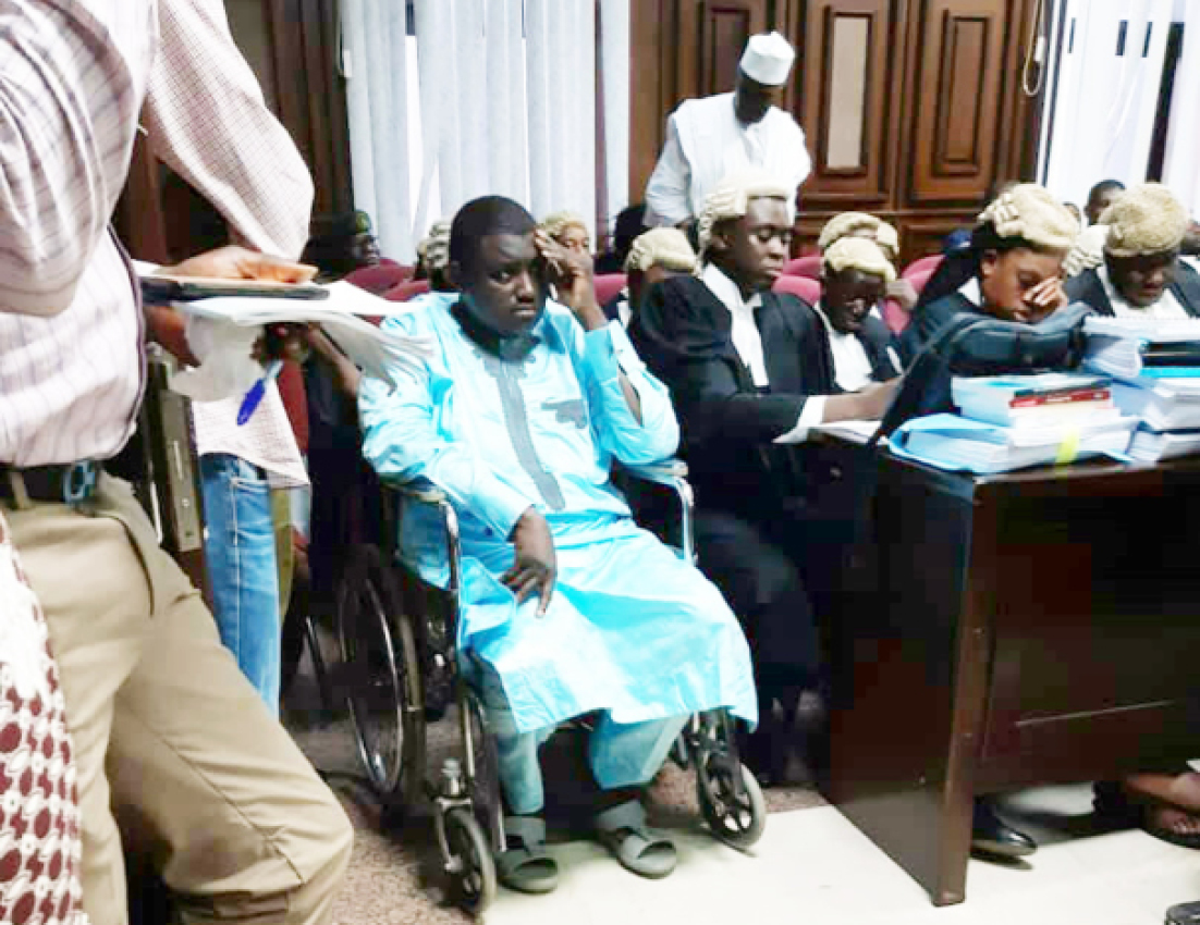 Former Chairman, Pension Reform Task Team, Abdulrasheed Maina (on a wheel chair), during his appearance at the Federal High Court in Abuja for the hearing of his bail application yesterday Photo: John Chuks Azu