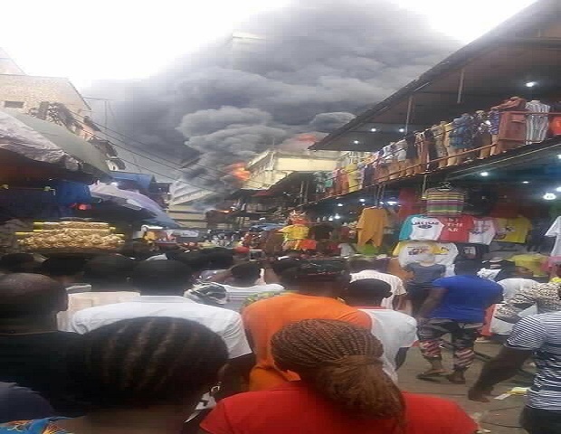Scene of the fire incident at Balogun market in Lagos on Tuesday.