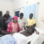 Former Nigerian President, Dr Goodluck Jonathan and Wife, Patience sympathise with the injured soldier in hospital on Sunday.