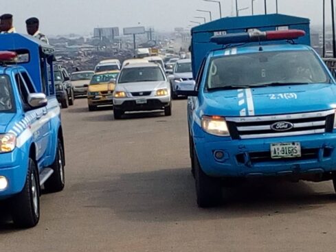 FRSC supervising opening of the Kara Bridge on Lagos-Ibadan Expressway to traffic on Sunday in Lagos. PHOTO CREDIT: NAN.