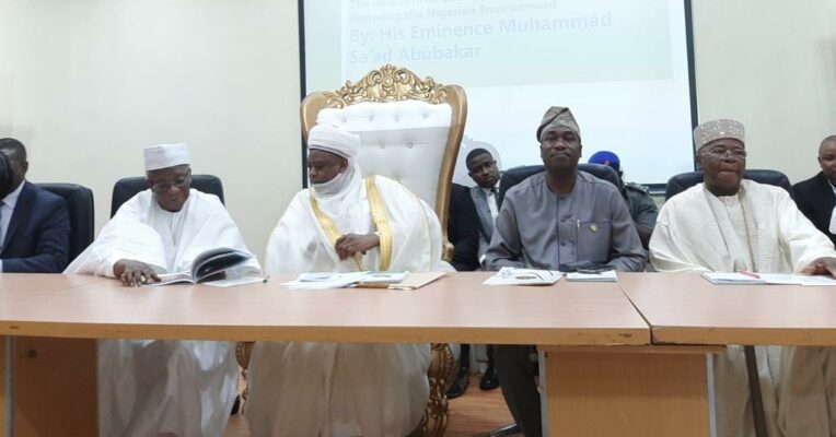 L – R: President, Board of Trustees of the Nigerian Conservation Foundation (NCF), Isioma Philip Asiodu; the Sultan of Sokoto, Alhaji Muhammed Sa'ad Abubakar; Deputy Governor of Lagos State, Dr. Obafemi Hamzat; and the Alake of Egbaland, Oba Adedotun Gbadebo at the 18th Chief S.L Edu Memorial Lecture on "The Role of Traditional Leaders in Protecting and Restoring the Nigerian Environment" organized by the Nigerian Conservation Foundation (NCF) in Lagos. PHOTO BY: Abdullateef Aliyu.