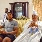 Anthony Joshua (AJ) sitting with the Akarigbo and Paramount Ruler of Remoland, Oba Babatunde Ajayi during his visit to the Monarch's palace in Sagamu, Ogun state on Wednesday.