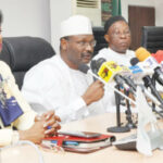 From left: INEC’s National Commissioner, Mrs May Agbamuche-Mbu; Chairman, Prof. Mahmood Yakubu; National Commissioners Mustapha Lekki, and Festus Okoye, during a press conference on the de-registration of 74 political parties by the commission in Abuja yesterday