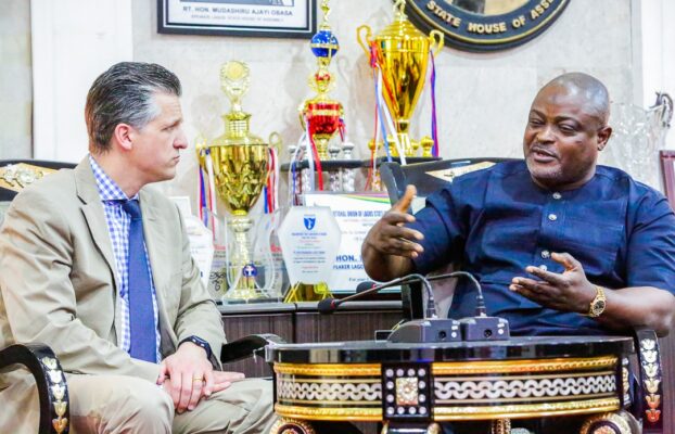 L-R: Deputy Majority Leader of the German Parliament, Mr. Thorsten Frei, during his visit to the Speaker, Lagos state House of Assembly at Alausa, Lagos on Thursday.