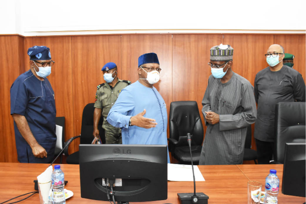 From left: Minister of State for Health, Sen. Adeleke Mamora; Minister of Health, Dr. Osagie Ehanire; Minister of FCT, Malam Muhammad Musa Bello; and Director-General, Nigeria Centre for Disease Control, Dr. Chikwe Ihekweazu, during the stakeholders' meeting with healthcare practitioners on the inaccessibility of health care facilities by Nigerians due to COVID-19, in Abuja yesterday