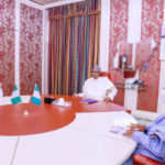 From left: Senate President Ahmad Lawan; President Muhammadu Buhari and the Speaker, House of Representatives, Femi Gbajabiamila, during a meeting for the suspension of the proposed hike in electricity tariffs at the Presidential Villa in Abuja yesterday