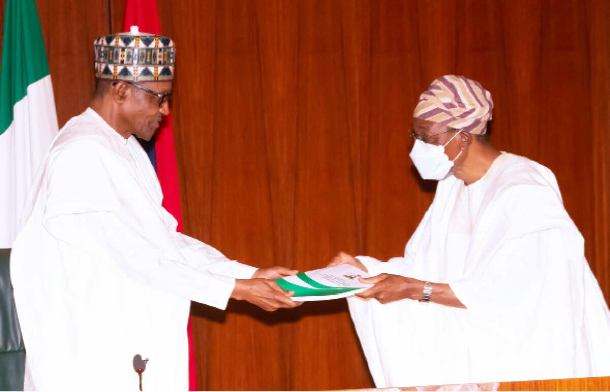 President Muhammadu Buhari receives the report of the Committee on Citizen Data Management and Harmonization, from the committee’s Chairman and Minister of Interior, Ogbeni Rauf Aregbesola (right) at the Presidential Villa in Abuja yesterday