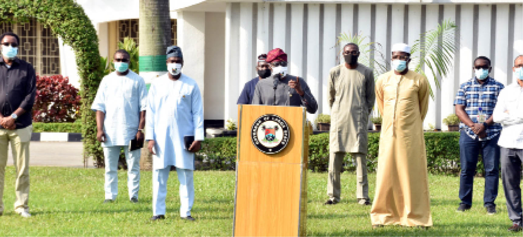 From left: Lagos state Commissioner for Justice/Attorney-General, Mr Moyosore Onigbanjo; Deputy Governor of Lagos state, Dr Obafemi Hamzat; Gov. Babajide Sanwo-Olu; Head of Service, Mr Hakeem Murk-Okunola; and Commissioner for Health, Prof. Akin Abayomi, during a news conference on the update of the COVID-19 pandemic in the state and opening of the worship centre in the state in Lagos at the weekend Photo: NAN