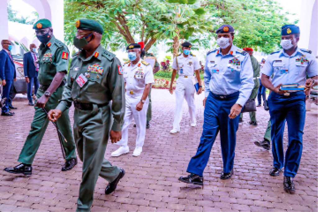Service chiefs led by the Chief of Defence Staff, Gen. Gabriel Olonisakin (2nd left), arrive for the National Security Council meeting with President Muhammadu Buhari at the Presidential Villa in Abuja yesterday