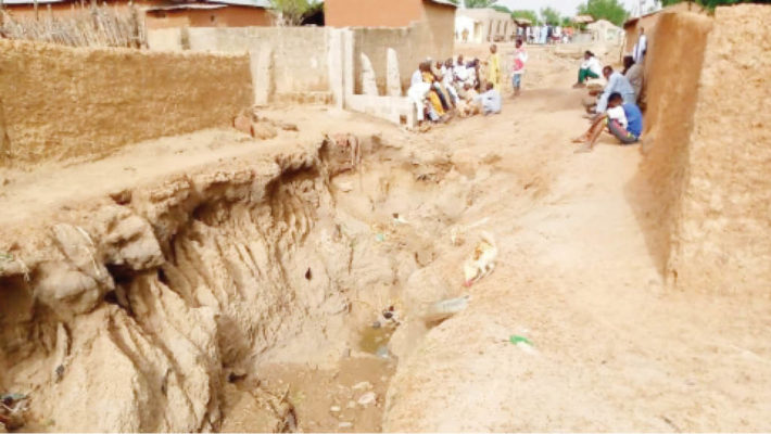 A street cleft in two by erosion in Jauro Musa area