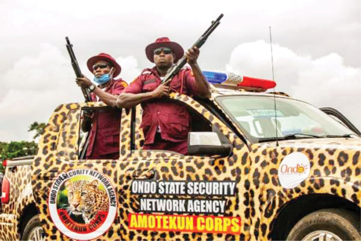 Members of a security outfit codenamed Operation Amotekun (Leopard), which is based in all the six states of the South- Western Nigeria, during the launch in Ondo State recently (File Photo)