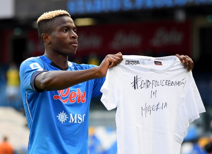 Osimhen celebrates first Serie A goal with #EndPoliceBrutality shirt