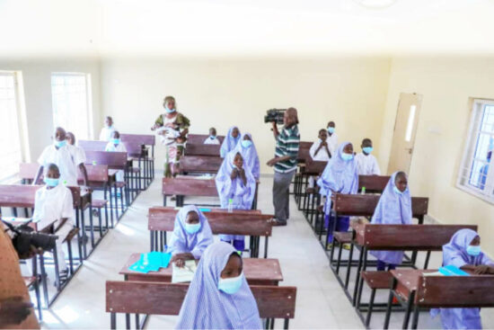 Pupils in class in one of the mega schools built and recently commissioned by the Borno Governor, Prof. Babagana Umara Zulum in a low-income community called Abuja-Sheraton at Maisandari ward of Maiduguri Metropolitan Council in Borno State