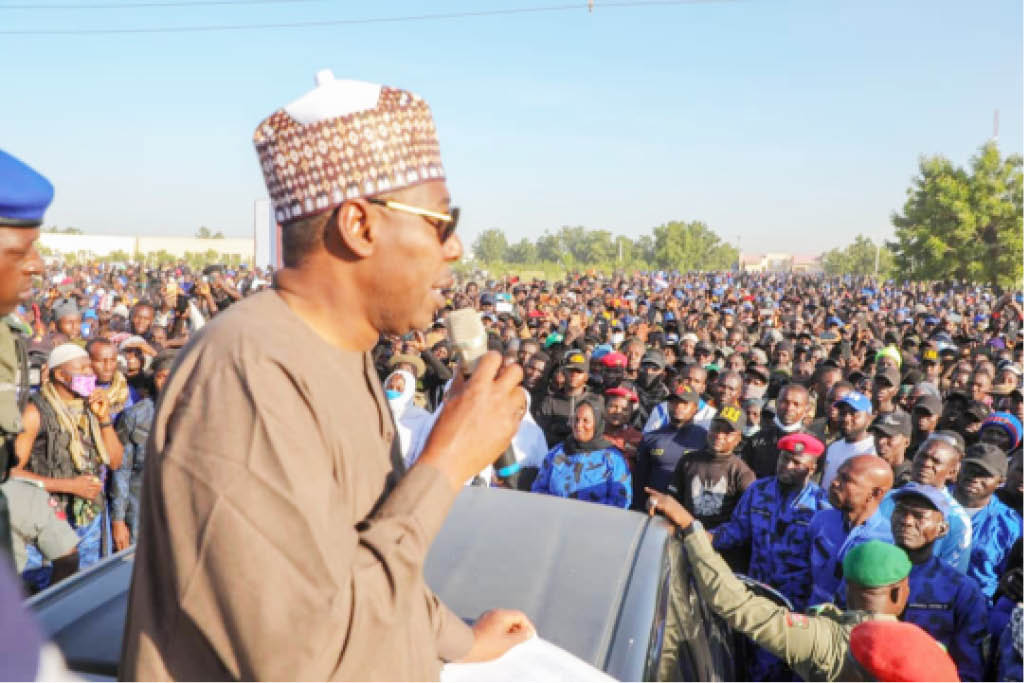 Borno State Governor, Prof. Babagana Umara Zulum addresses about 9,000 volunteers who have been fighting alongside the Nigerian armed forces to contain Boko Haram insurgency in the state, in Maiduguri yesterday