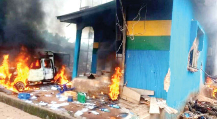 File photo: A police station was set ablaze by some of the protesters at Ugbekun in Edo State