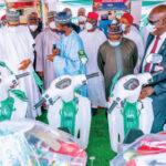 From left: Vice President Yemi Osinbajo; President Muhammadu Buhari; Senate President Ahmad Lawan; Special Adviser to the Presidential on Youths and Student Affairs, Nasir Adhama; Ebonyi State Governor, Dave Umahi; Founder/President of Belemaoil, Tein Jack-Rich (extreme right, behind) and others, during the launch in Abuja yesterday of the Presidential Youth Empowerment Scheme to employ 774,000 youths nationwide
