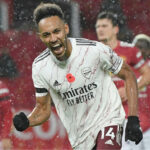 Pierre-Emerick Aubameyang celebrates after scoring the lone goal for Arsenal from the penalty spot