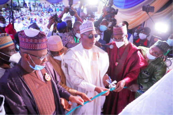 Minister of Communication and Digital Economy, Dr Isa Pantami, Governor Babagana Umara Zulum and the permanent secretay, Federal Ministry of Finance, Budget and National Planning, who represented the Minister, at the unveiling of Borno State 25-year development plan in Maiduguri yesterday