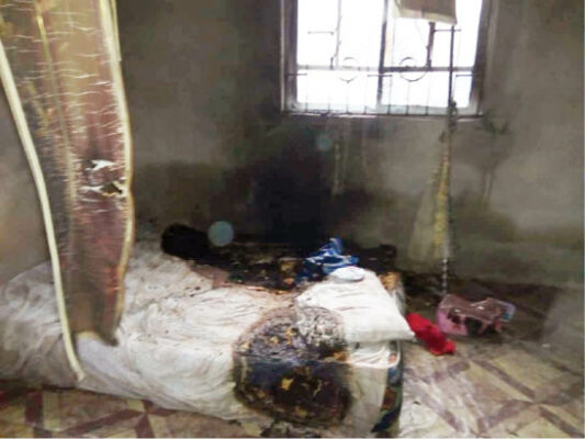 the bed where the pastor was burnt and the window Etifa broke to set the fire.