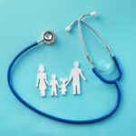 Family figure and stethoscope on color background. Health care concept