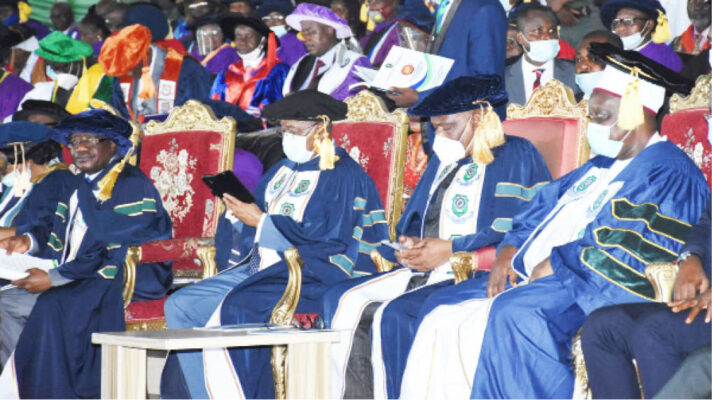 From left: Vice Chancellor, Rivers State University Nkpolu-Orworukwo in Port Harcourt, Prof. Nlerum Okogbule; Pro-Chancellor, Justice Iche Ndu; Gov. Nyesom Wike of Rivers State; and Chancellor, retired Justice Sidi Bage-Muhammad, at the installation of Bage-Muhammad as the 4th Chancellor of the institution, during the 32nd Convocation of the university, in Port Harcourt. Justice Bage-Muhammad is the Emir of Lafia and Chairman of Nasarawa State Council of Chiefs