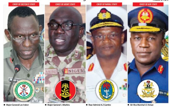 Major-General Leo Irabor, Chief of Defence Staff; Major-General I. Attahiru, Chief of Army Staff; Rear Admiral A.Z Gambo, Chief of Naval Staff; and Air-Vice Marshal I.O Amao, Chief of Air Staff;