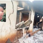 The burnt house. (Inset) is the photo of his wife, Mrs. Amara Okafor