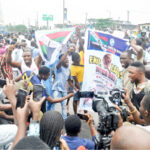 Protesters at the Yoruba Nation rally at Ojota in Lagos yesterday Photo: Benedict Uwalaka