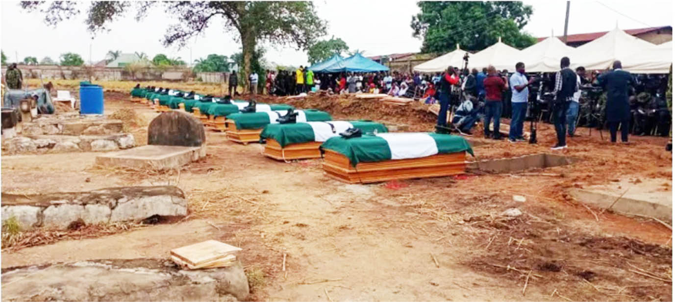 The coffins of 12 Soldiers killed by a local mlitia in Bonta community of Konshisha Local Government Area of Benue State